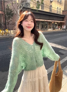 温柔慵懒绿色针织镂空针织衫开衫上衣春夏小个子气质春秋毛衣外套