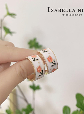 法式郁金香C型耳环925银针彩釉雕花耳钉白色金边高雅显温柔少女感