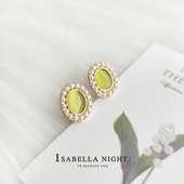 法式 青葡萄色猫眼石珍珠耳钉女925银针高级感小清新耳饰蚊香耳夹