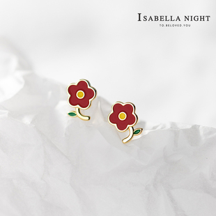 小红花925纯银耳钉灵气小仙女镀18K金耳环睡觉免摘女童可爱风耐看