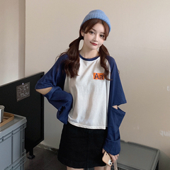 Real shot cotton patchwork with contrast and versatile long sleeve T-shirt