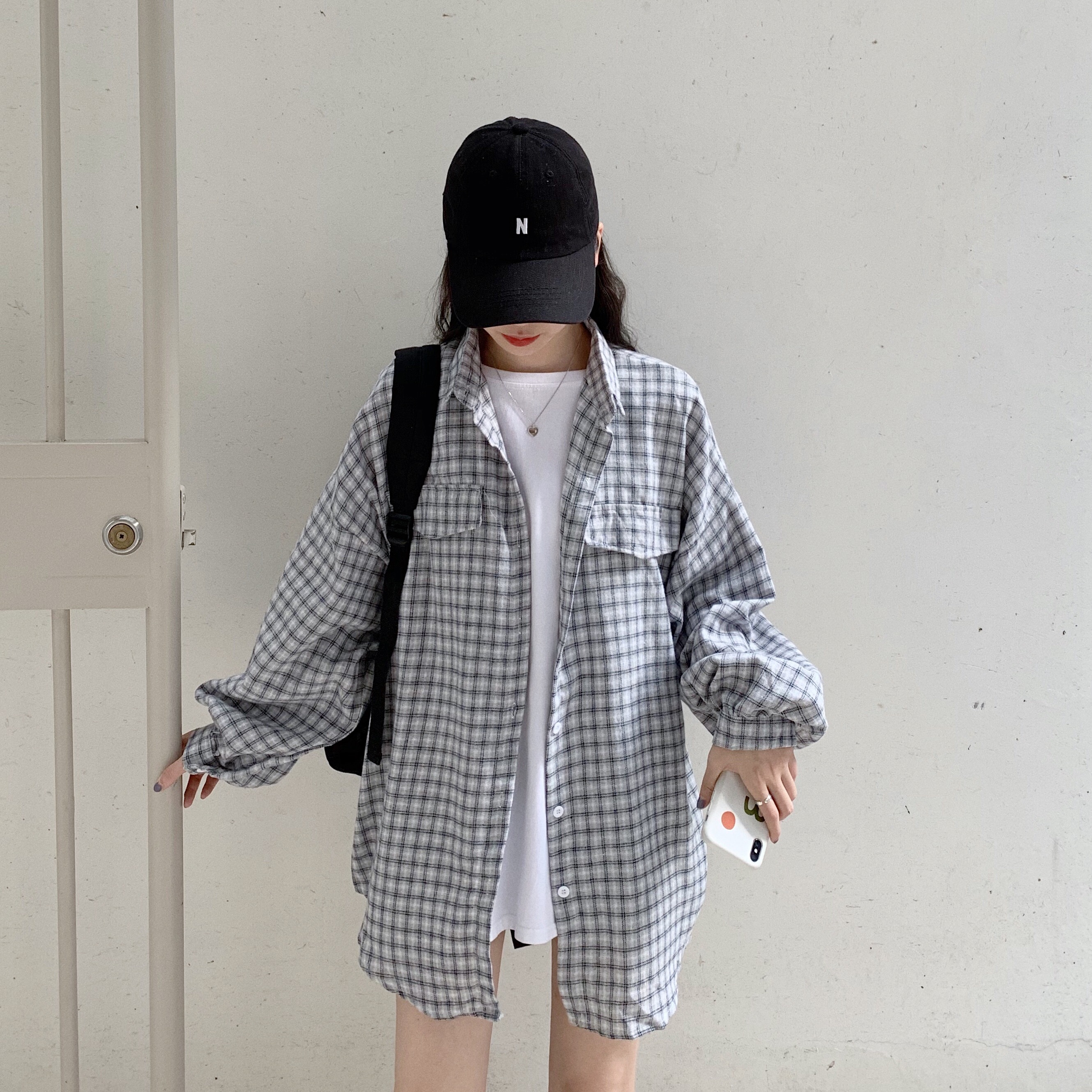 Real shot 50% cotton 50% polyester yuansuo style BF Plaid Shirt coat women's Hong Kong flavor Retro