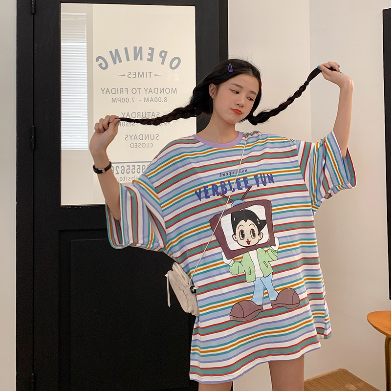 卡通條紋短袖恤女日系港風上衣實拍棉