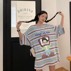 卡通條紋短袖恤女日系港風上衣實拍棉