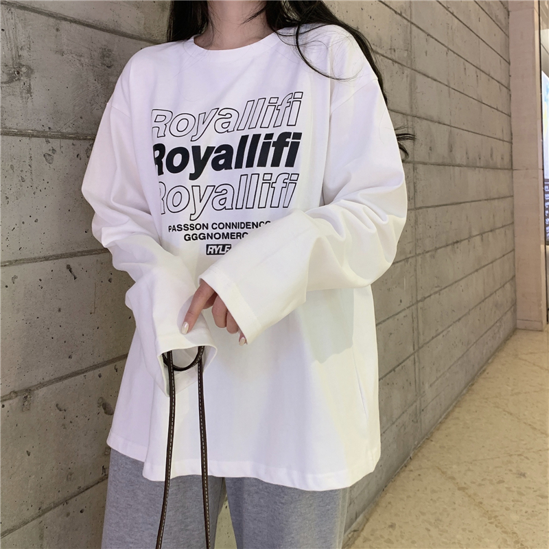 Real shot Cotton Long Sleeve T-Shirt women's loose round neck letter printed medium length top