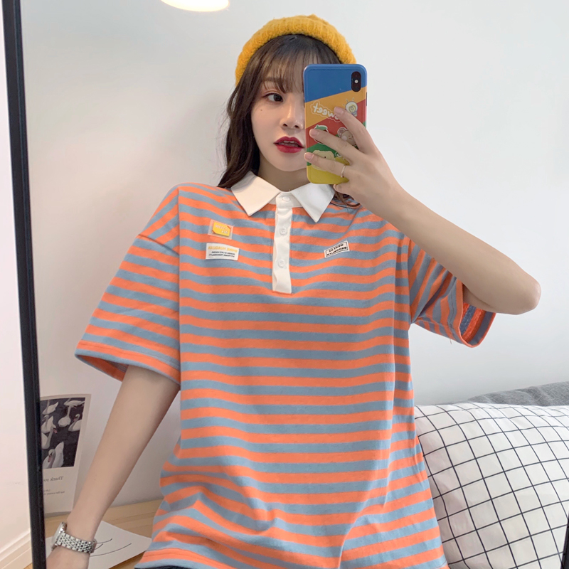 Real shot Polo neck short sleeve T-shirt women's Lapel medium length striped top