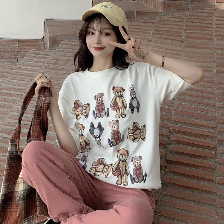 Real shot short sleeve t-shirt female summer Korean cartoon print loose student white top