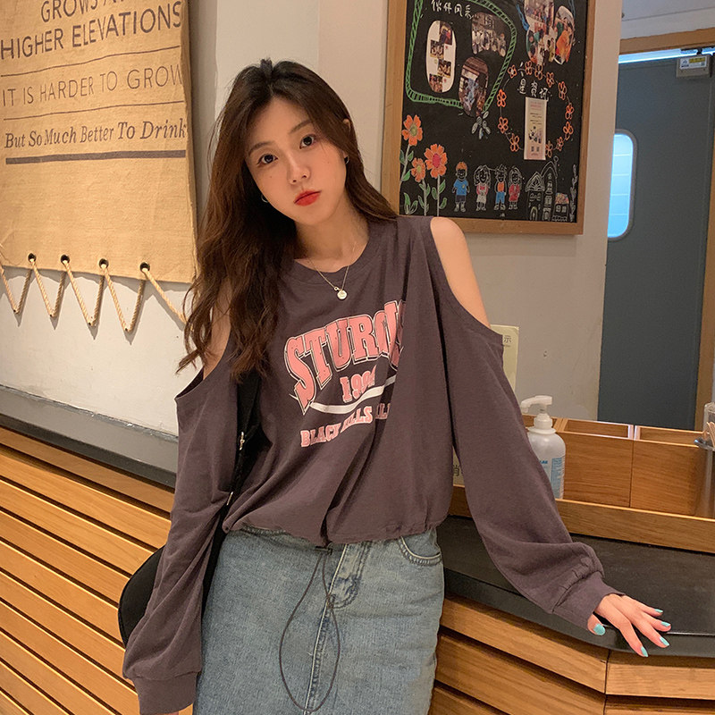 Real photo off shoulder T-shirt women's early spring new hem elastic long sleeve top
