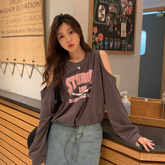 Real photo off shoulder T-shirt women's early spring new hem elastic long sleeve top