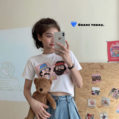 實拍拉架棉新款老人頭印花韓版顯瘦短袖恤女短款