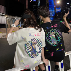 實拍 純棉小熊T恤炫彩反光短袖男女同款情侶裝夏季體恤