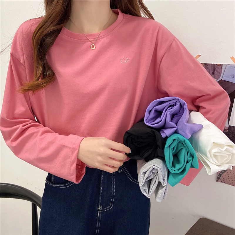 Real shooting six color versatile spring and autumn simple embroidery long sleeve T-shirt girl