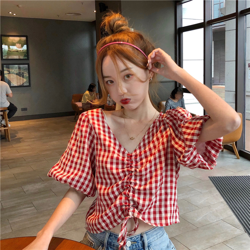 Real shot fiber summer Plaid drawstring short design Short Sleeve Shirt Blouse