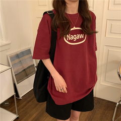 Real time pull frame cotton loose medium long letter printed short sleeve T-shirt