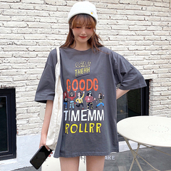Real shooting original loose Korean short sleeve t-shirt female summer cartoon letter print lazy style top