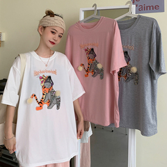 Real shot summer nail bead cartoon leopard donkey print short sleeve T-shirt women's Korean loose and lazy style top