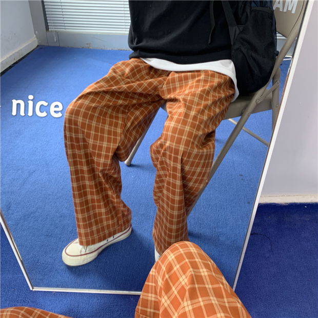 Real shot of new Korean top 100 wide leg loose falling feeling Plaid casual pants