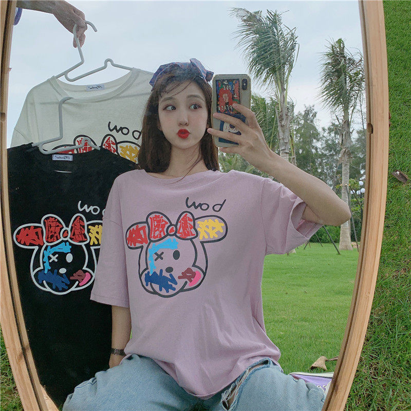 Real cute graffiti cartoon printed t-shirt female loose short sleeve student summer
