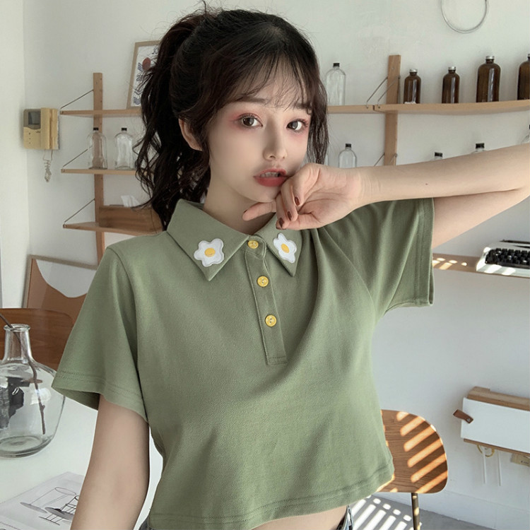 實拍衫短款短袖恤女繡花新款韓版露臍上衣