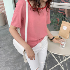 實拍夏季小心機鎖骨撞色方領上衣女韓版短袖T恤