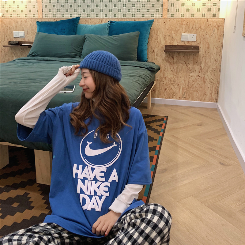 Real shot net red Korean super fire smiling face printing short sleeve medium length T-shirt cotton