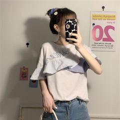 Real shot Korean striped color matching Ruffle short sleeve T-shirt women's loose top