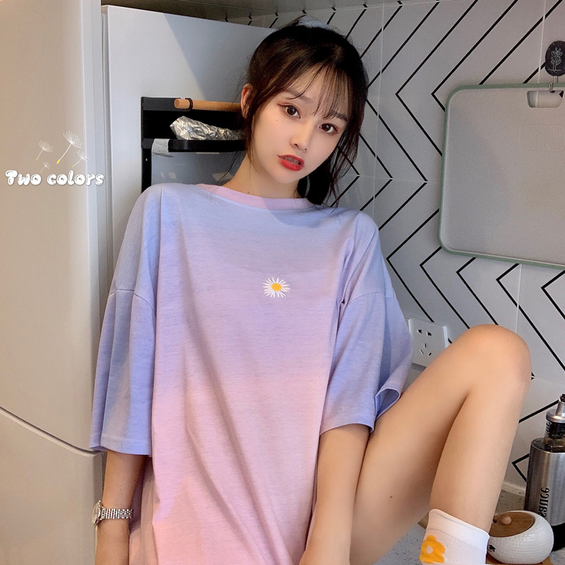 Real shot hong kong style retro chic gradient Daisy short sleeve T-shirt women's fashion Korean top