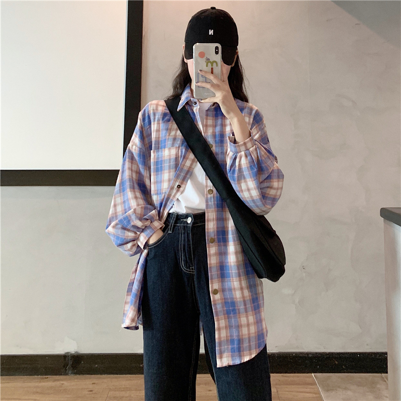 實拍棉滌綸春裝港風復古格子襯衫女小眾