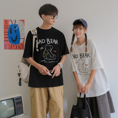 實拍夏季趣味小熊印花短袖T恤潮牌慵懶風情侶tee