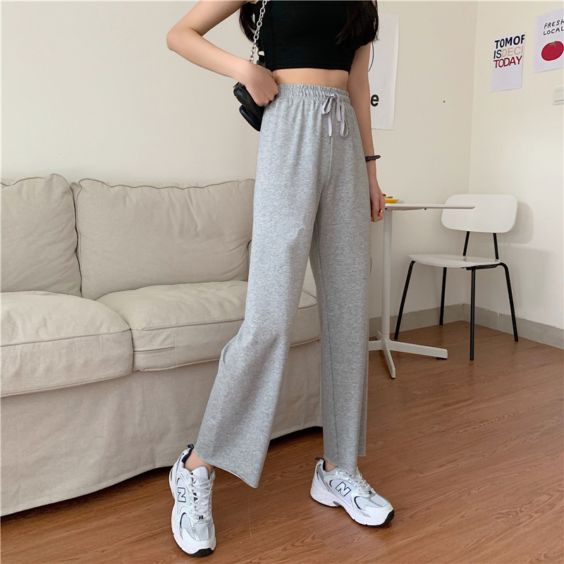 Real shot grey sports pants women's loose straight tube summer wide legs high waist down feeling thin