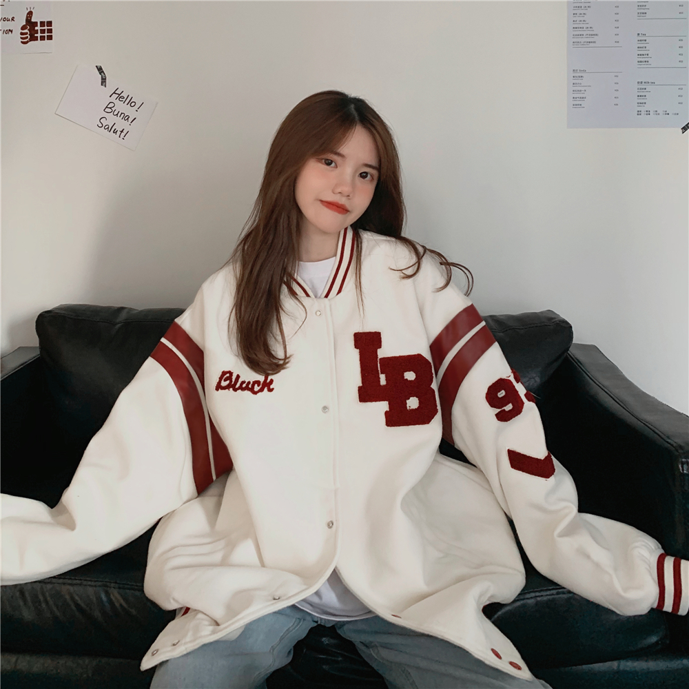 Real shot composite fleece fabric autumn and winter embroidered sweater coat women's Plush thickened loose baseball uniform