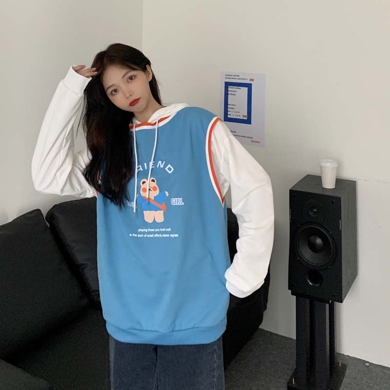 Real shot super fire CEC sweater women's stitching fake two bear print autumn