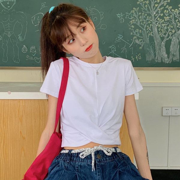 Cotton real shot short sleeve T-shirt women's new versatile solid color small shirt round neck Korean top