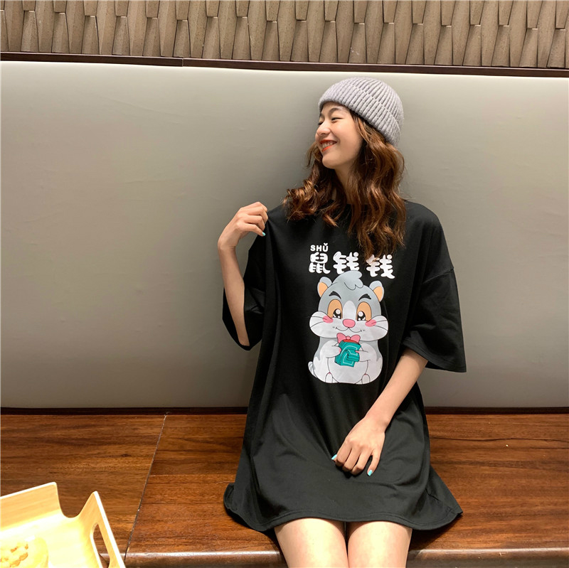 Real shot mouse money printed white short sleeve T-shirt women's middle and long Korean cotton