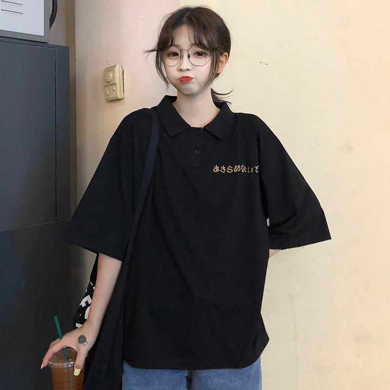 實拍圖可愛衫翻領短袖恤女刺繡