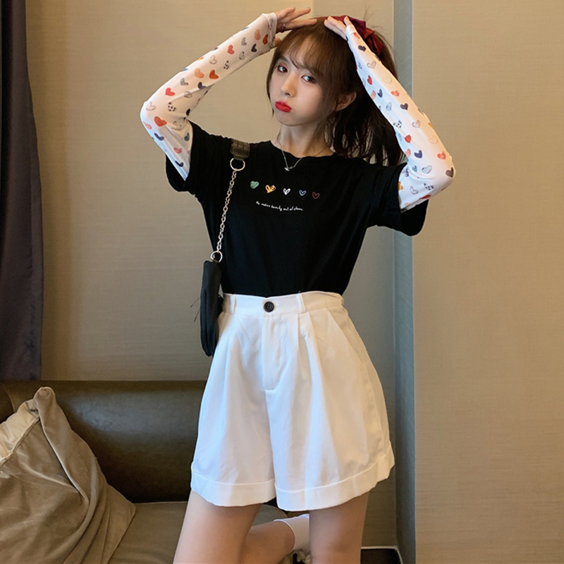 Summer Korean new fake two piece mesh stitching love printing fashion long sleeve T-shirt