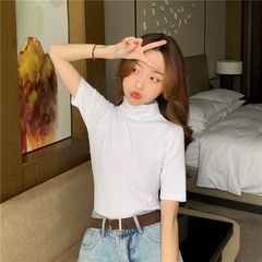 Real shot cotton spandex half high collar slim bottomed top short sleeve T-shirt