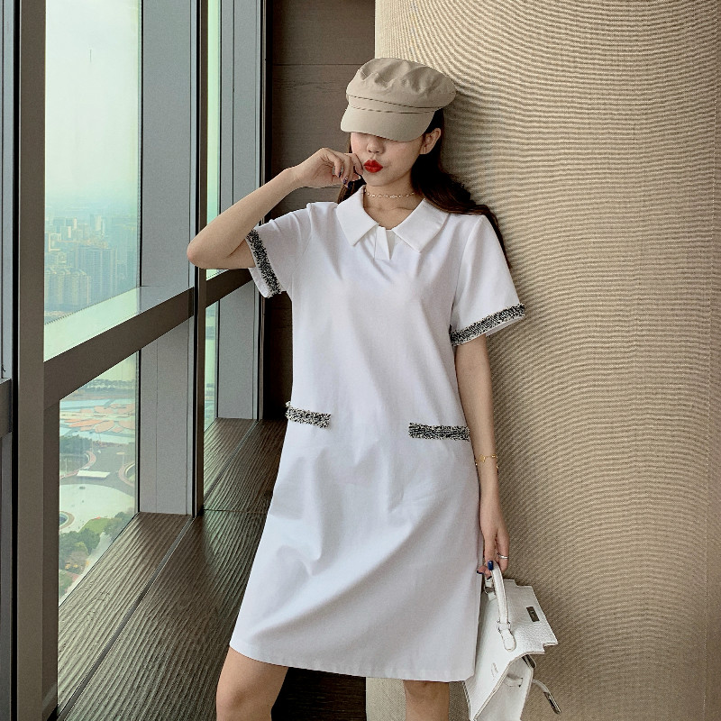 Real shot summer new Korean Short Sleeve medium length dress shows thin collar