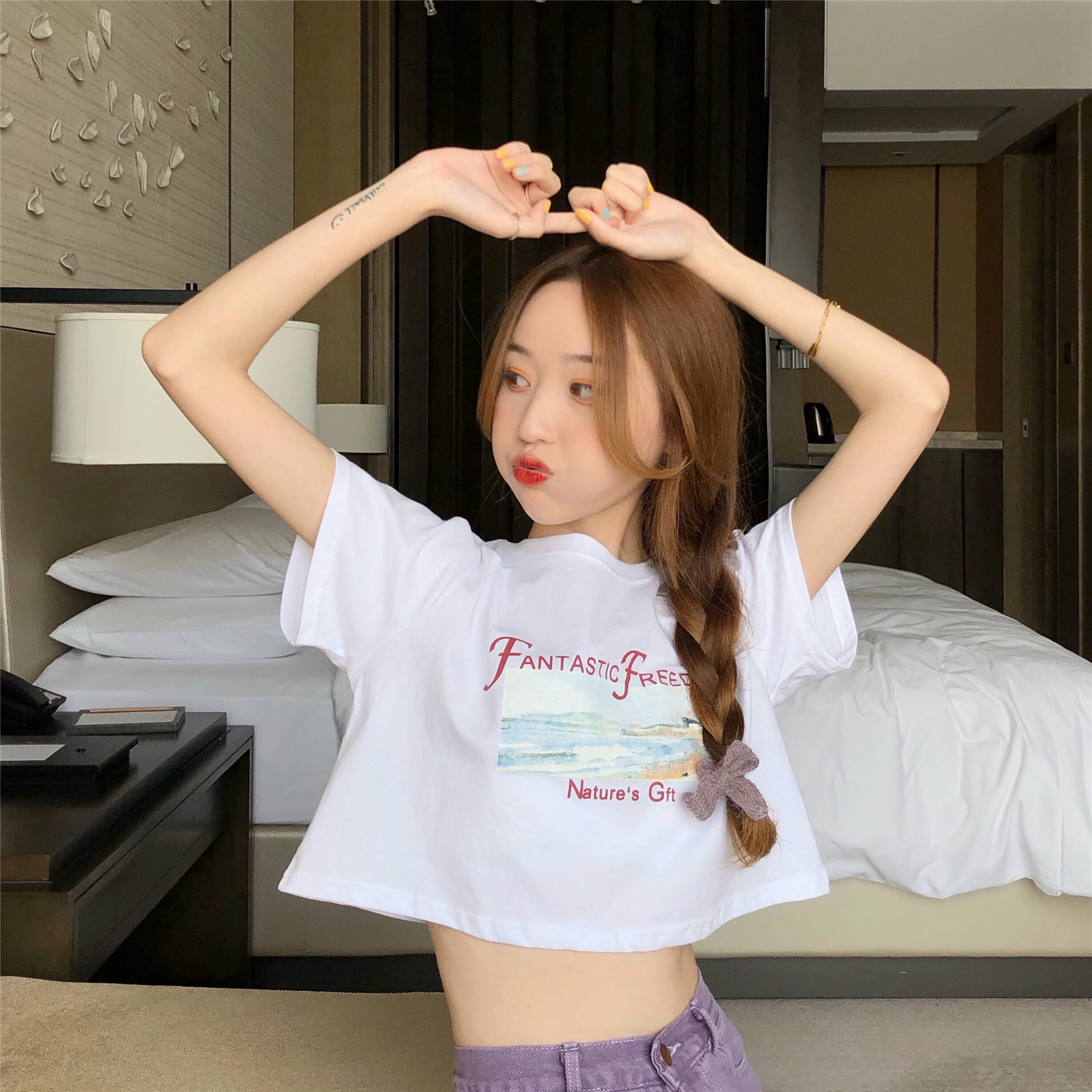 Real shot cotton open navel white short top T-shirt women's loose short sleeve fashion