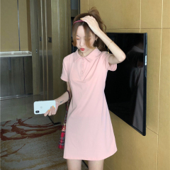 Real shot cotton small T-shirt women's short sleeve Pink Medium Length Lapel dress