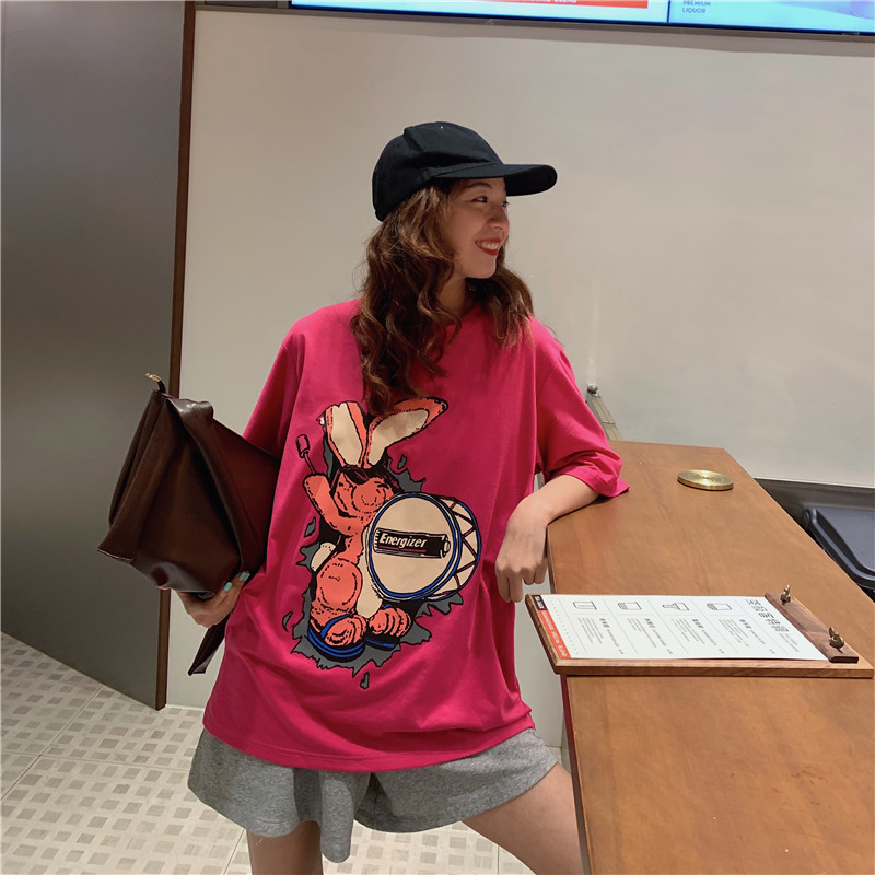 實拍拉架棉短袖恤女開叉中長款印花卡通