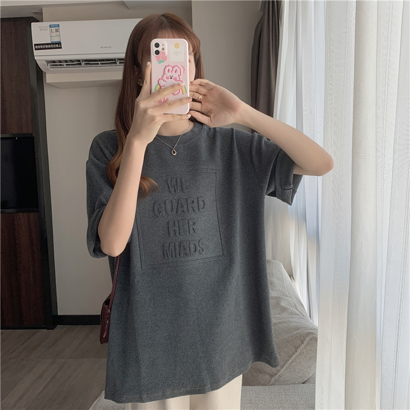 Real shot medium length T-shirt women's half sleeve loose concave convex letter versatile bottom shirt