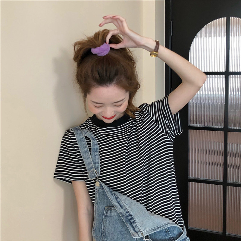 Real shot cotton stripe short sleeve T-shirt women's Korean loose T-shirt summer top