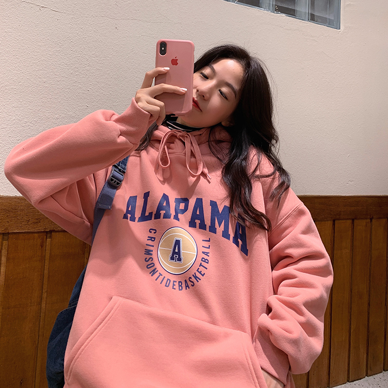 Real shot of women's hoodie with velvet thickening fashion Korean version of autumn and winter new letter loose large size women's clothing