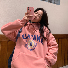 Real shot of women's hoodie with velvet thickening fashion Korean version of autumn and winter new letter loose large size women's clothing