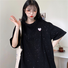 Real photo cotton new sequins sparkle small love short sleeve T-shirt women loose size