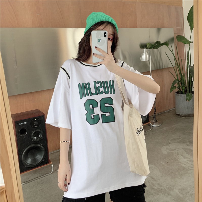 實拍藍球服女寬鬆bf風韓版短袖T恤女假二件上衣