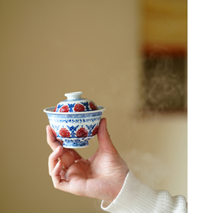 青花釉里红缠枝莲纹元宝盖碗 炉式杯 压手杯 景德镇手绘茶具