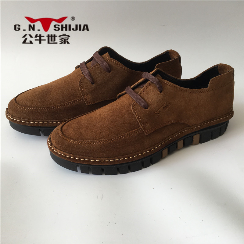 公牛世家男鞋真皮春秋反绒缝线男士休闲系带皮鞋时尚舒适百搭耐磨