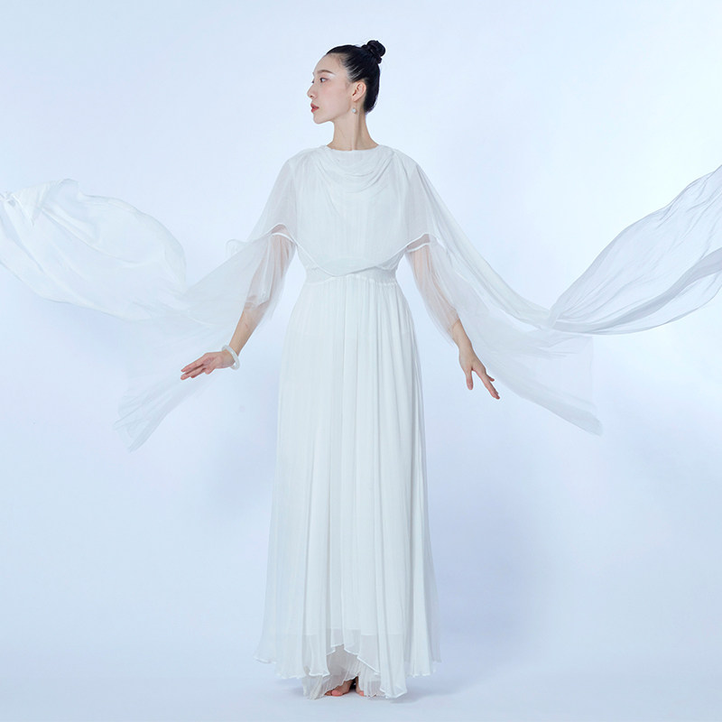 花椿诗意薄纱仙女裙禅意国风收腰喇叭袖宴会颂钵白色高级感连衣裙